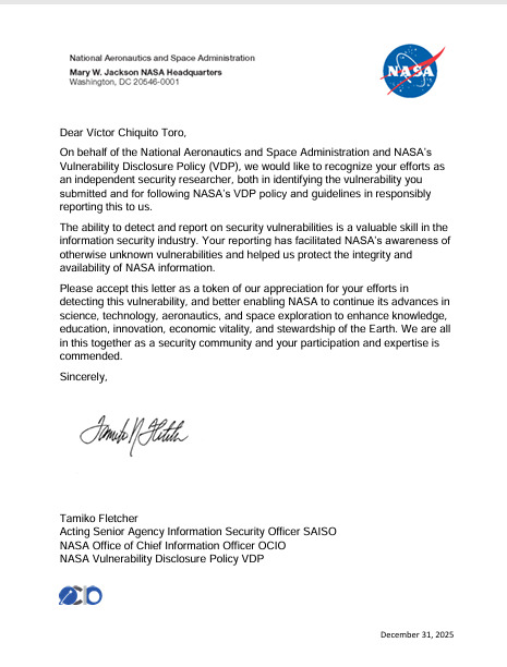 Carta de reconocimiento oficial de NASA a Victor Andre Chiquito Toro